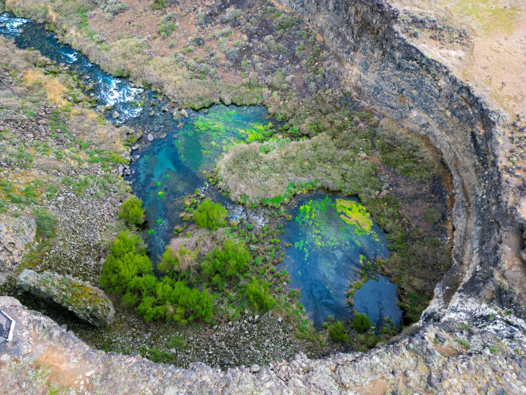 A bird's-eye view of Box Canyon State Park's blue water.
