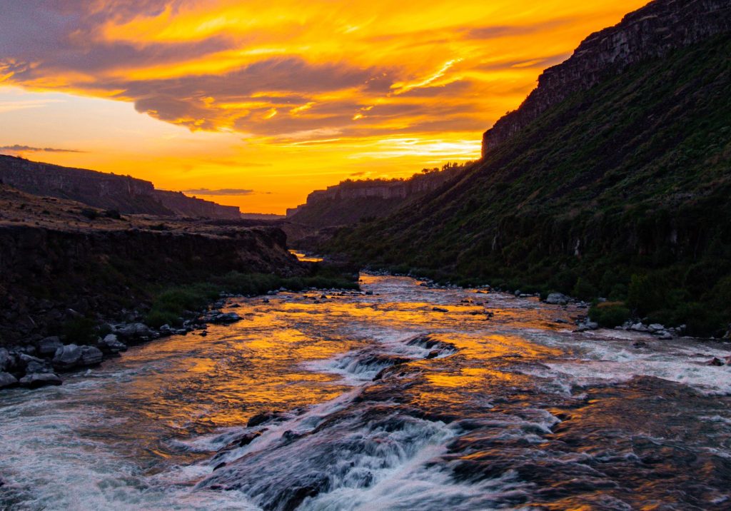 A golden sunset blazes across the sky, reflecting in the crashing waves below.