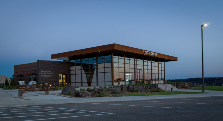 Exterior of the Twin Falls Visitor Center after sundown.