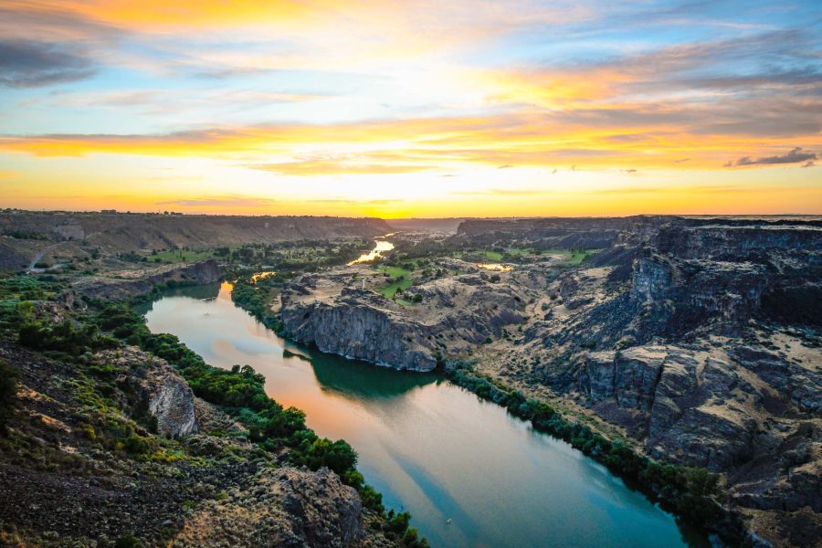 A scenic sunset over the Snake River Canyon in Twin Falls, Idaho. 