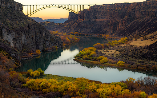 The Snake River winds through Twin Falls beneath the Perrine Bridge in Southern Idaho.