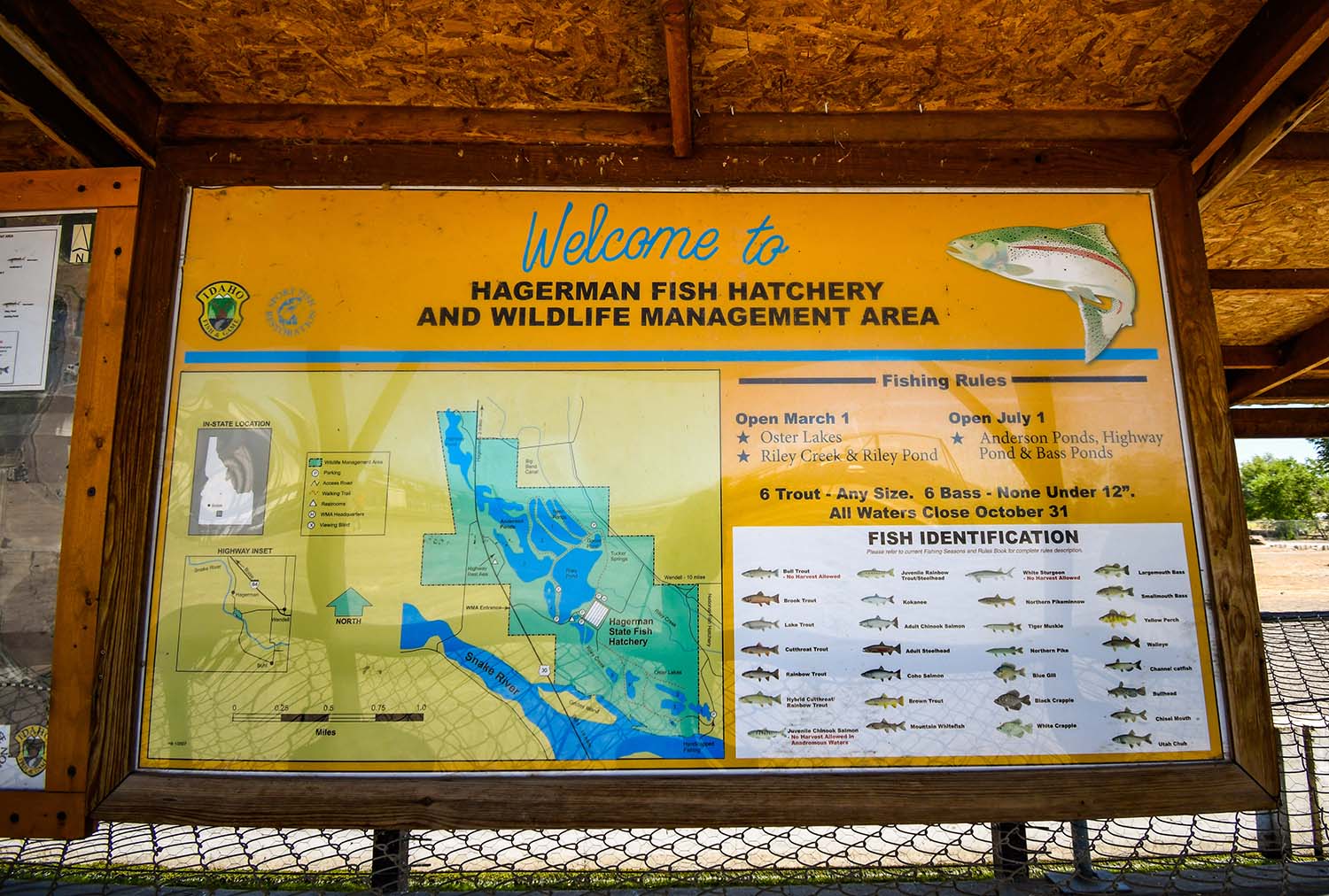 Interpretive sign at Hagerman Fish Hatchery Visitor Center in Hagerman, Idaho, featuring fish species, hatchery information, and visitor exhibits.