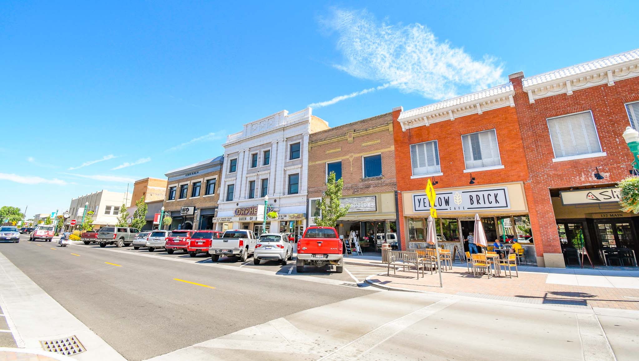 Historic downtown Twin Falls in Southern Idaho with local boutiques, art galleries, and storefronts lining Main Street.