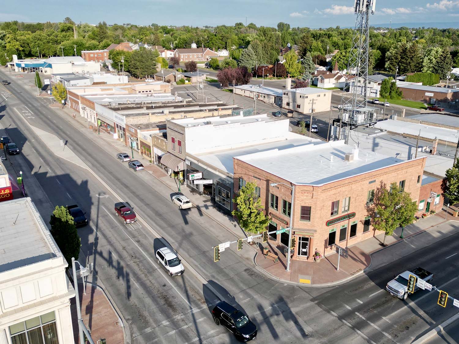 Aerial view of historic downtown Jerome, Idaho, showcasing local shops, historic buildings, and small businesses in Southern Idaho.