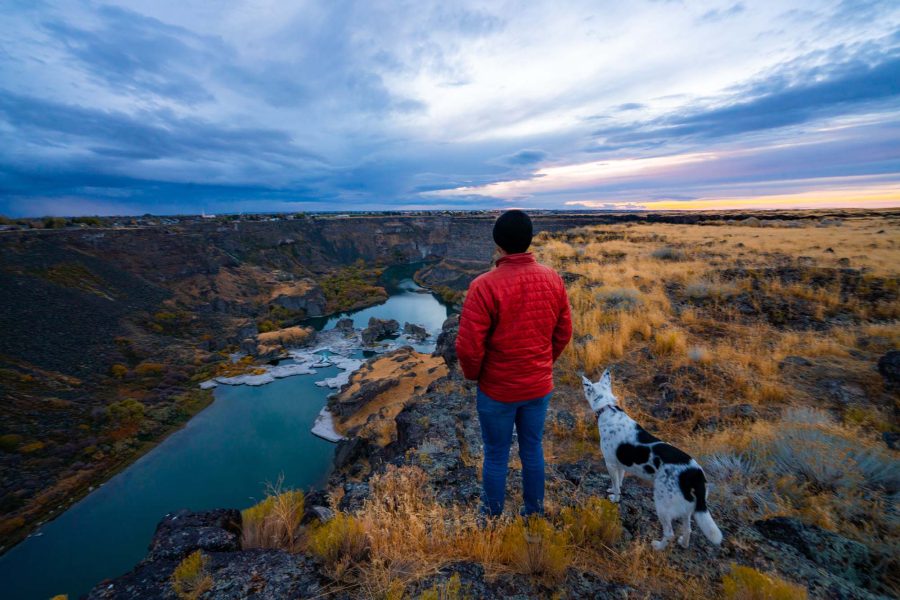 A person in a red puffer jacket and their dog stand at the Pillar Falls Overlook at the Snake River Canyon Park in Jerome, Idaho.